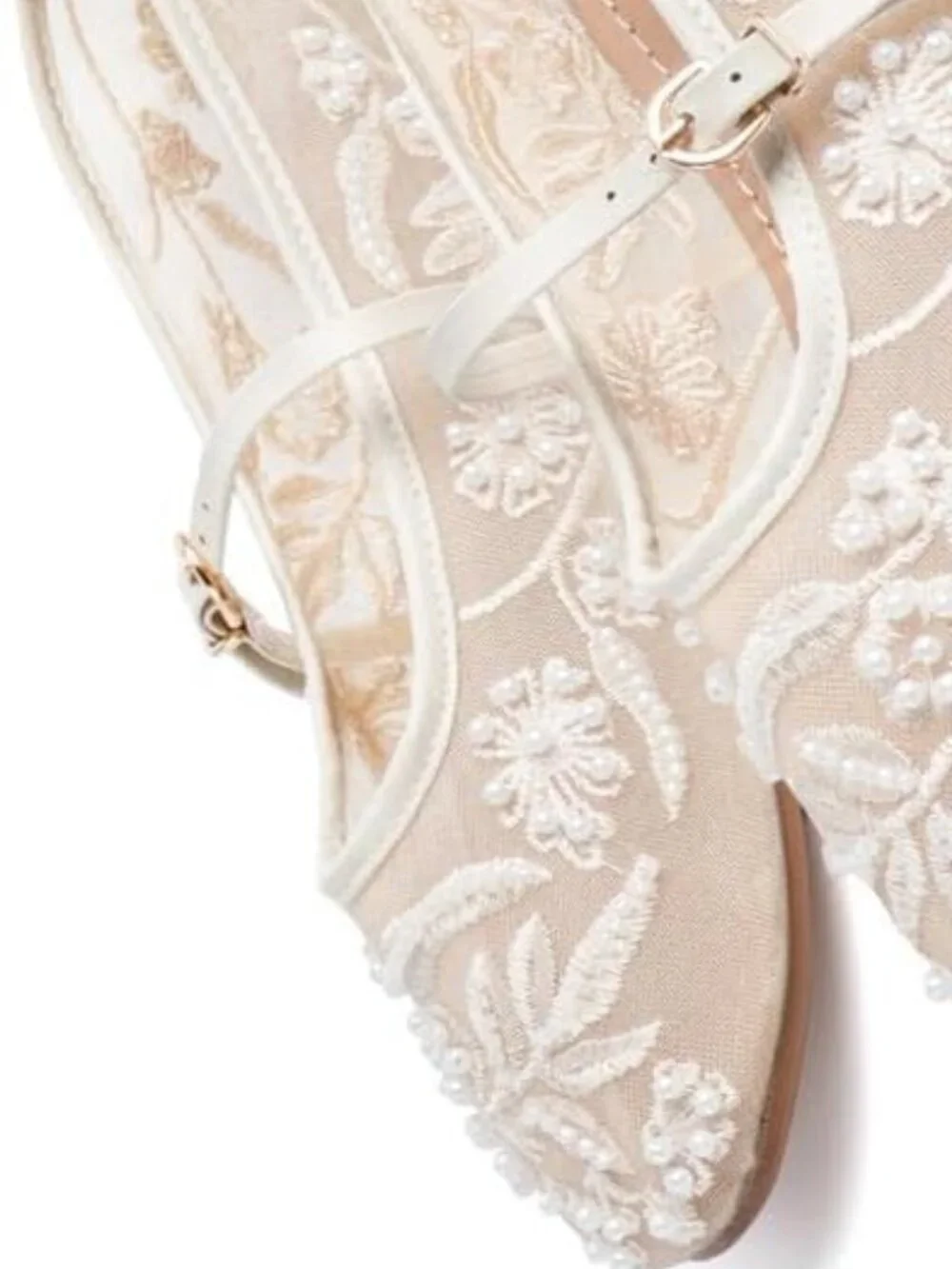 Women's White Floral Mesh Ballet Flats Strap Round Toe Slip On Dressy Shoes